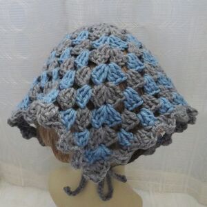 Handmade Crocheted Gray and Blue Bandana, Boho Style Head Covering, Cottage Core